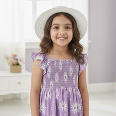 Girls Lavender Daisy Print Ruffle Sleeve Party Dress