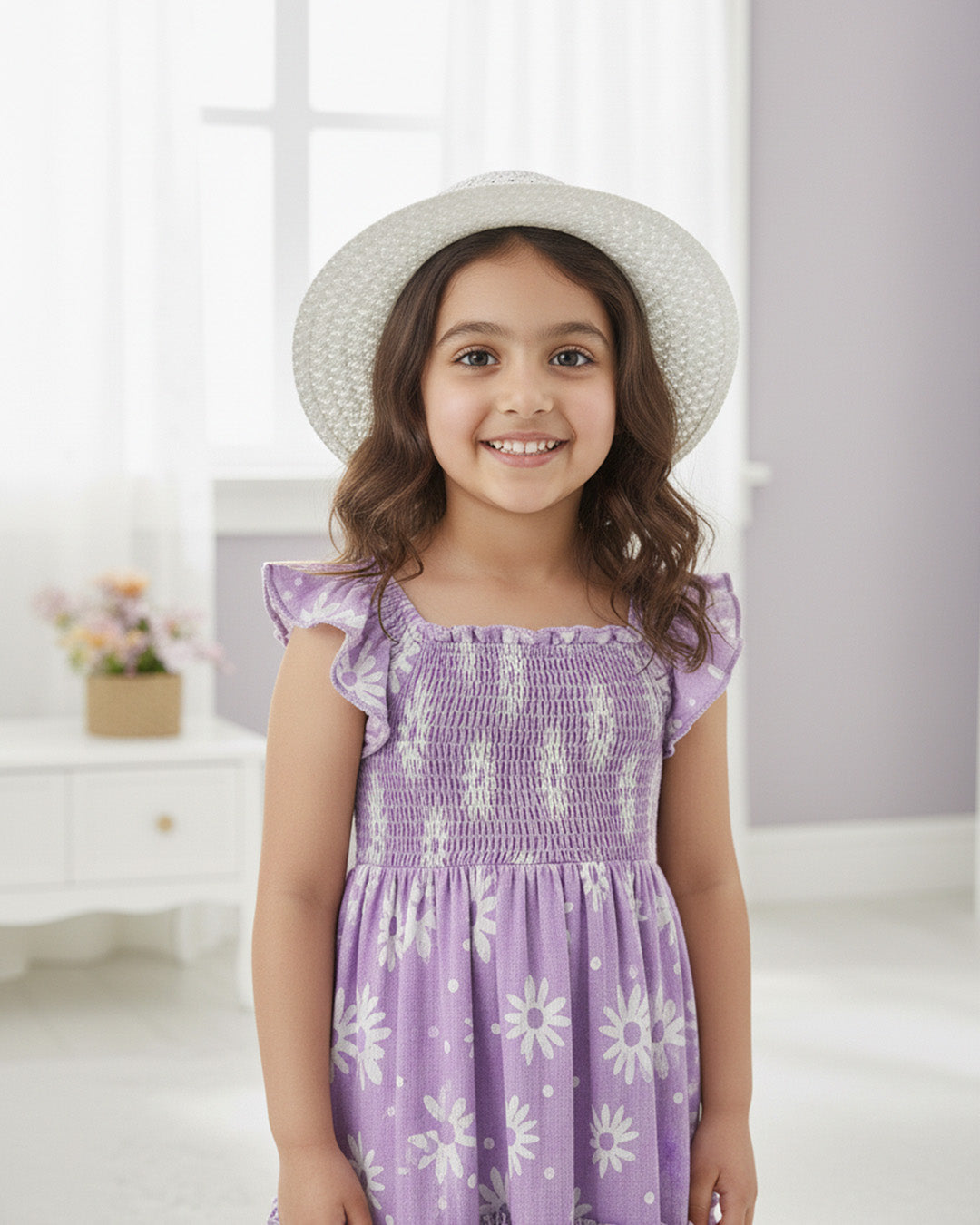 Girls Lavender Daisy Print Ruffle Sleeve Party Dress