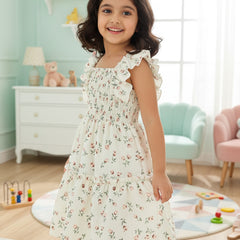 Girls Cream Floral Print Ruffle Sleeve Party Dress