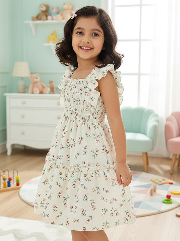 Girls Cream Floral Print Ruffle Sleeve Party Dress