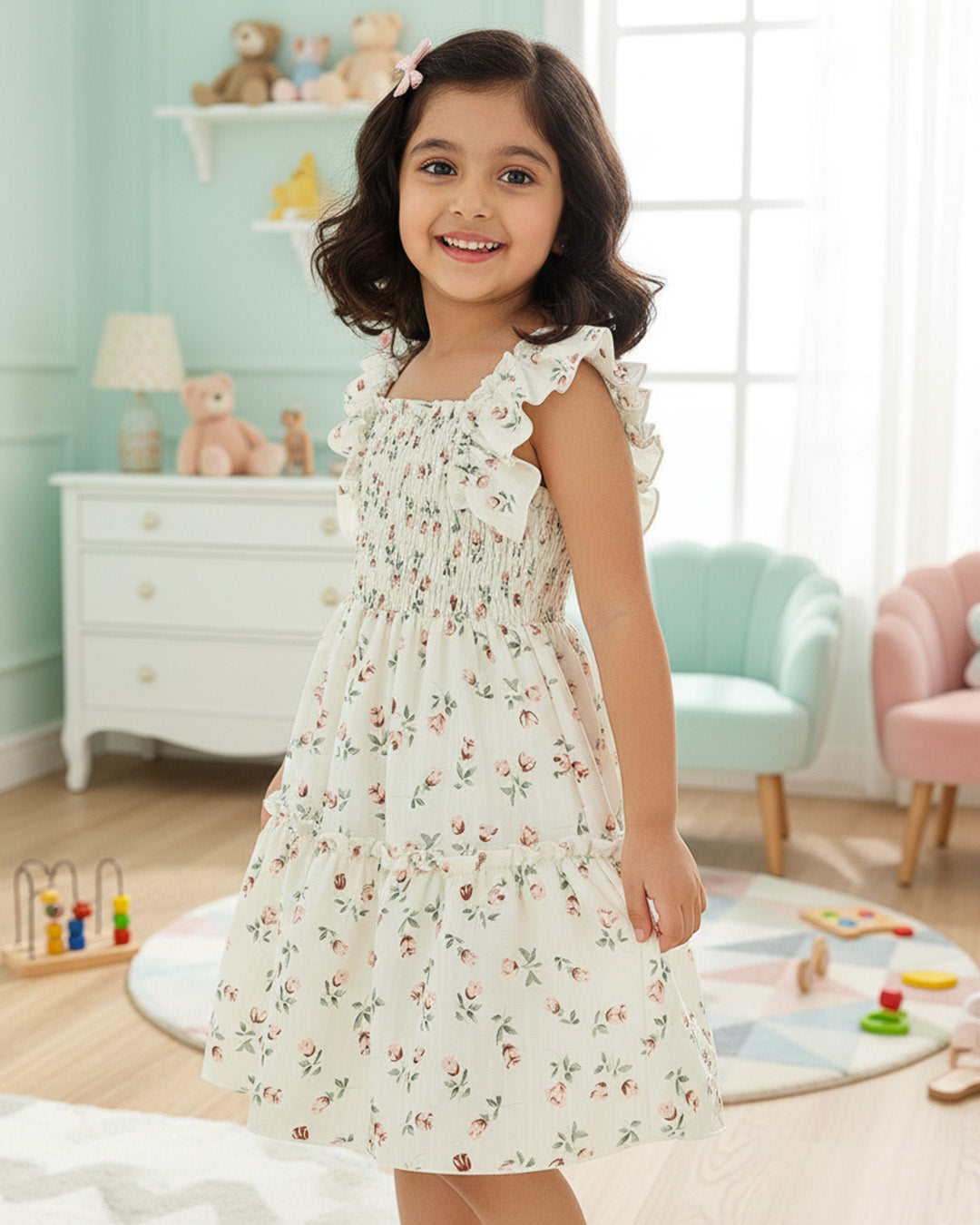 Girls Cream Floral Print Ruffle Sleeve Party Dress