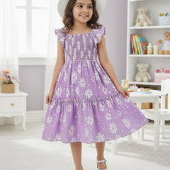 Girls Lavender Daisy Print Ruffle Sleeve Party Dress