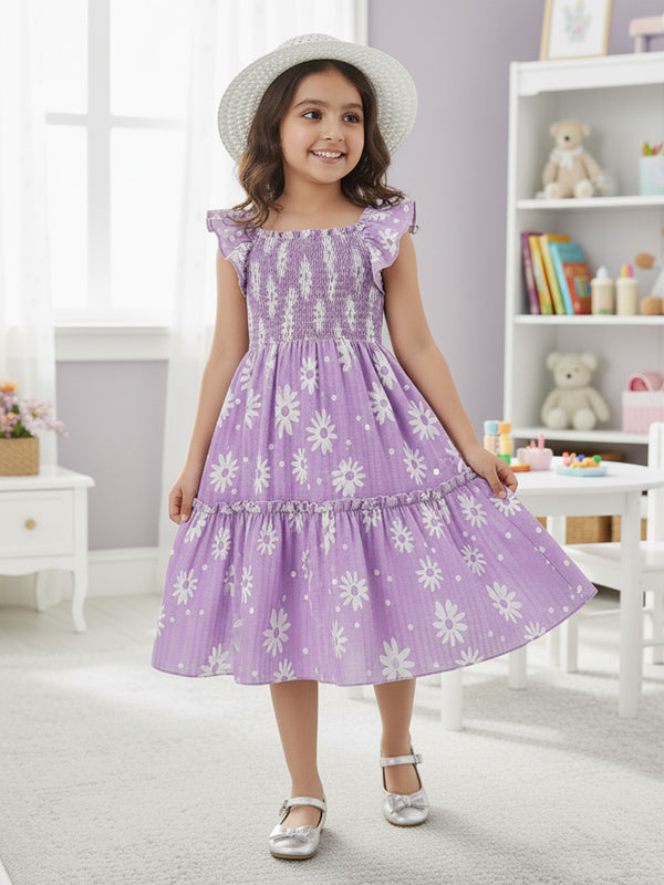 Girls Lavender Daisy Print Ruffle Sleeve Party Dress