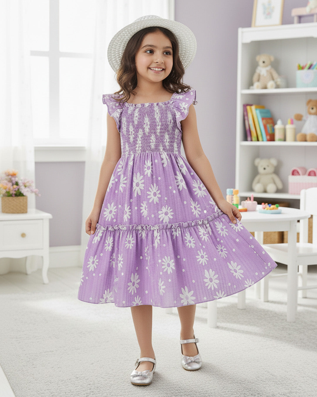 Girls Lavender Daisy Print Ruffle Sleeve Party Dress