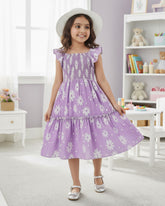 Girls Lavender Daisy Print Ruffle Sleeve Party Dress