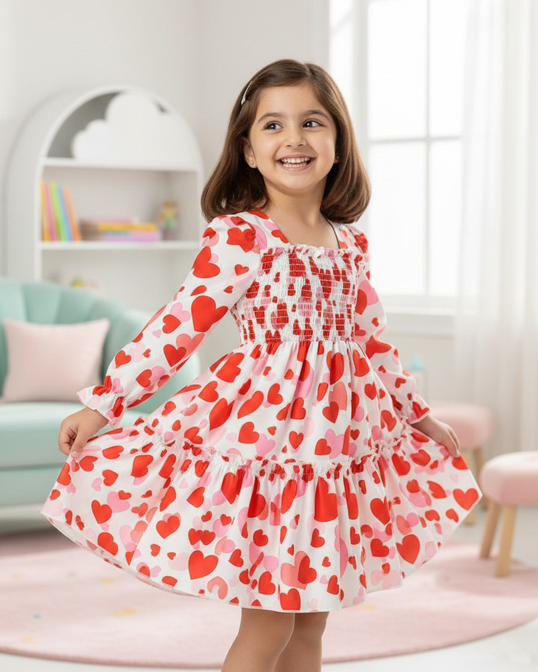 Glamgait Multicolor Heart Theme Full Sleeve Midi Kids Dress