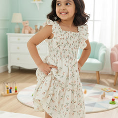 Girls Cream Floral Print Ruffle Sleeve Party Dress