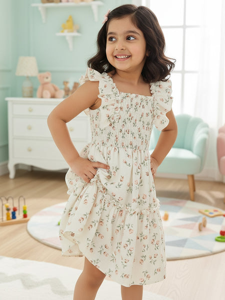 Girls Cream Floral Print Ruffle Sleeve Party Dress