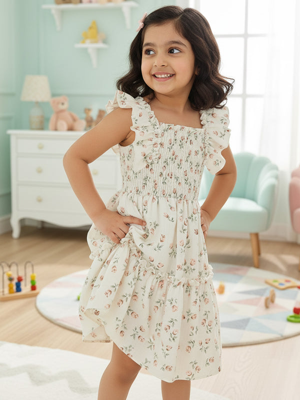 Girls Cream Floral Print Ruffle Sleeve Party Dress