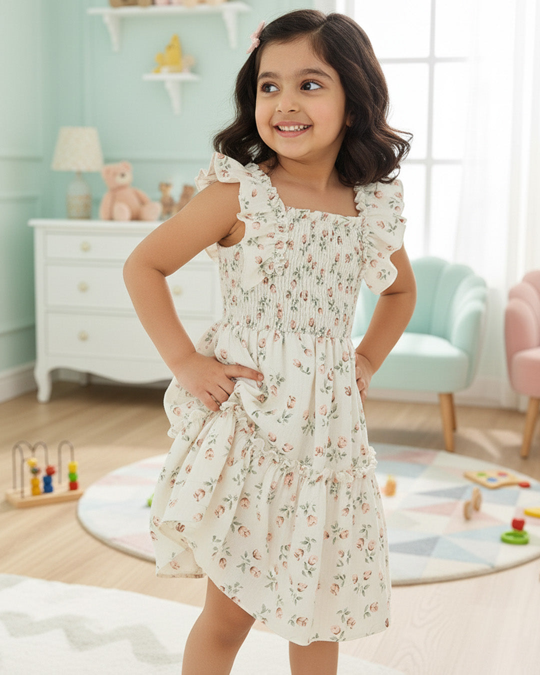Girls Cream Floral Print Ruffle Sleeve Party Dress