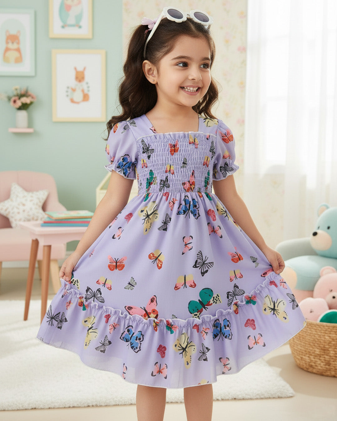 Glamgait Purple Color Butterfly Printed Short Sleeve Kids Dress