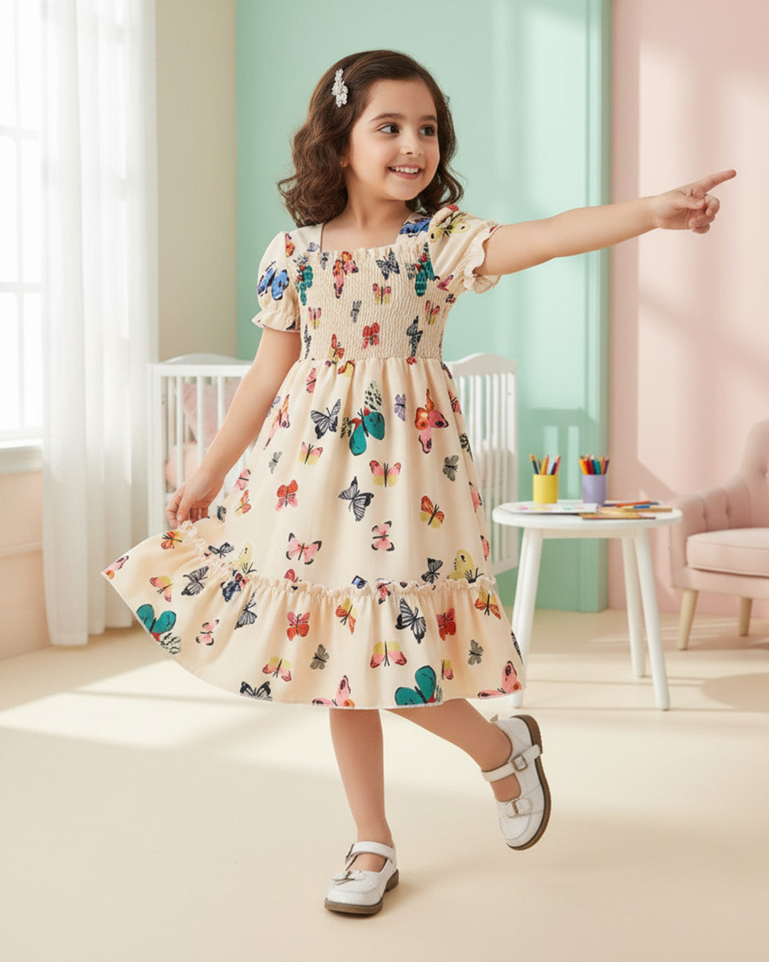 Glamgait Cream Color Butterfly Printed Short Sleeve Kids Dress