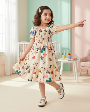 Glamgait Cream Color Butterfly Printed Short Sleeve Kids Dress