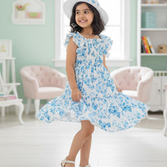 Glamgait White Floral Printed Flared Sleeve Girls Dress