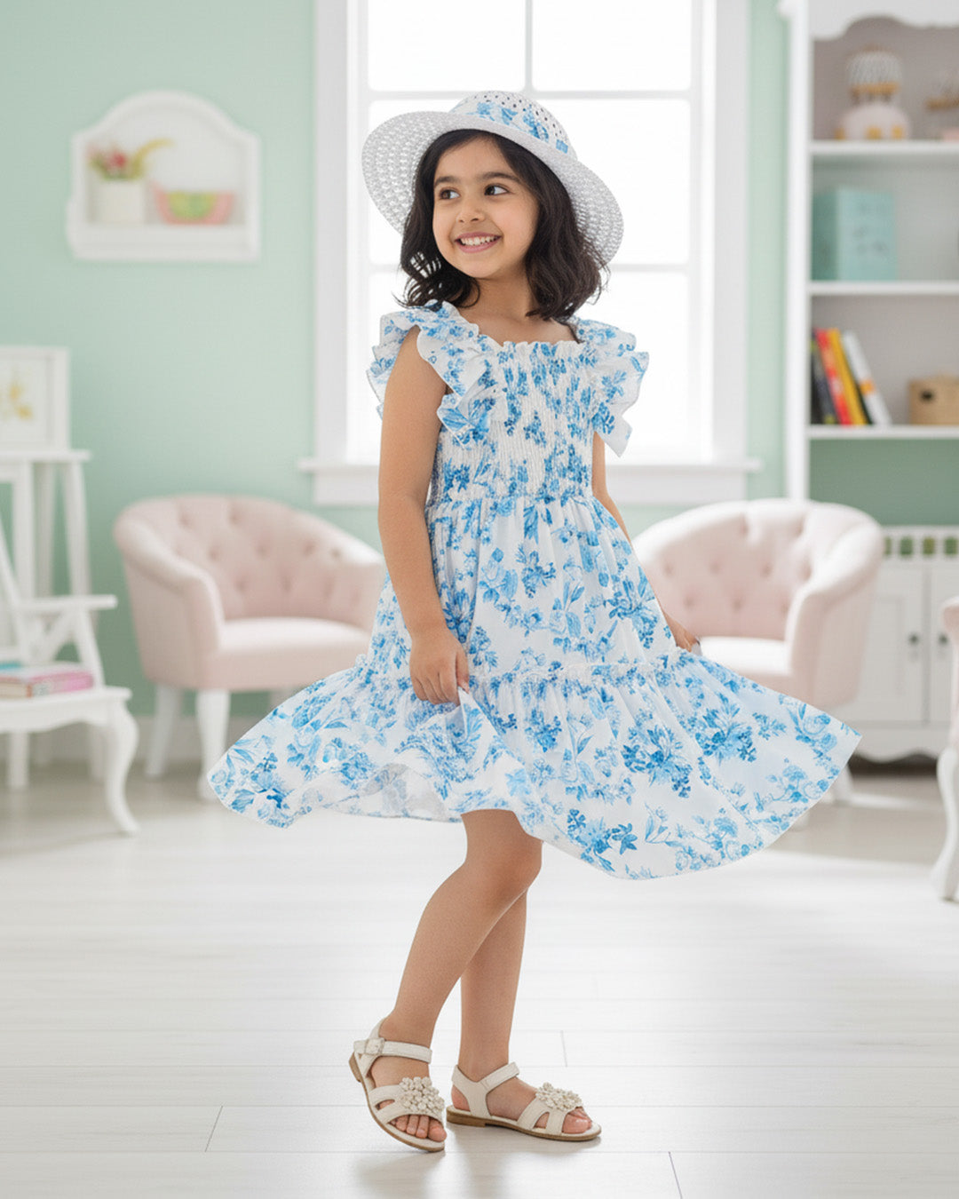 Glamgait White Floral Printed Flared Sleeve Girls Dress