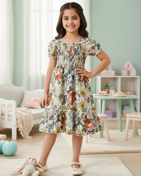 Girls Vintage Floral Puff-Sleeve Smocked Cotton Dress with Ruffle Hem