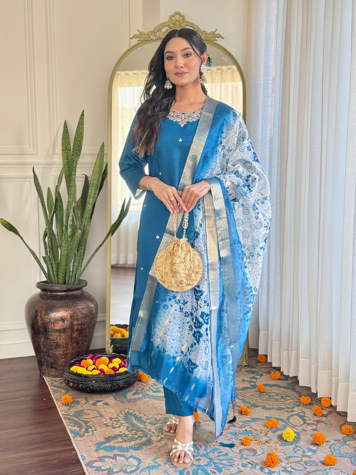 Royal Blue Silk Kurta Set with Organza Dupatta for Women