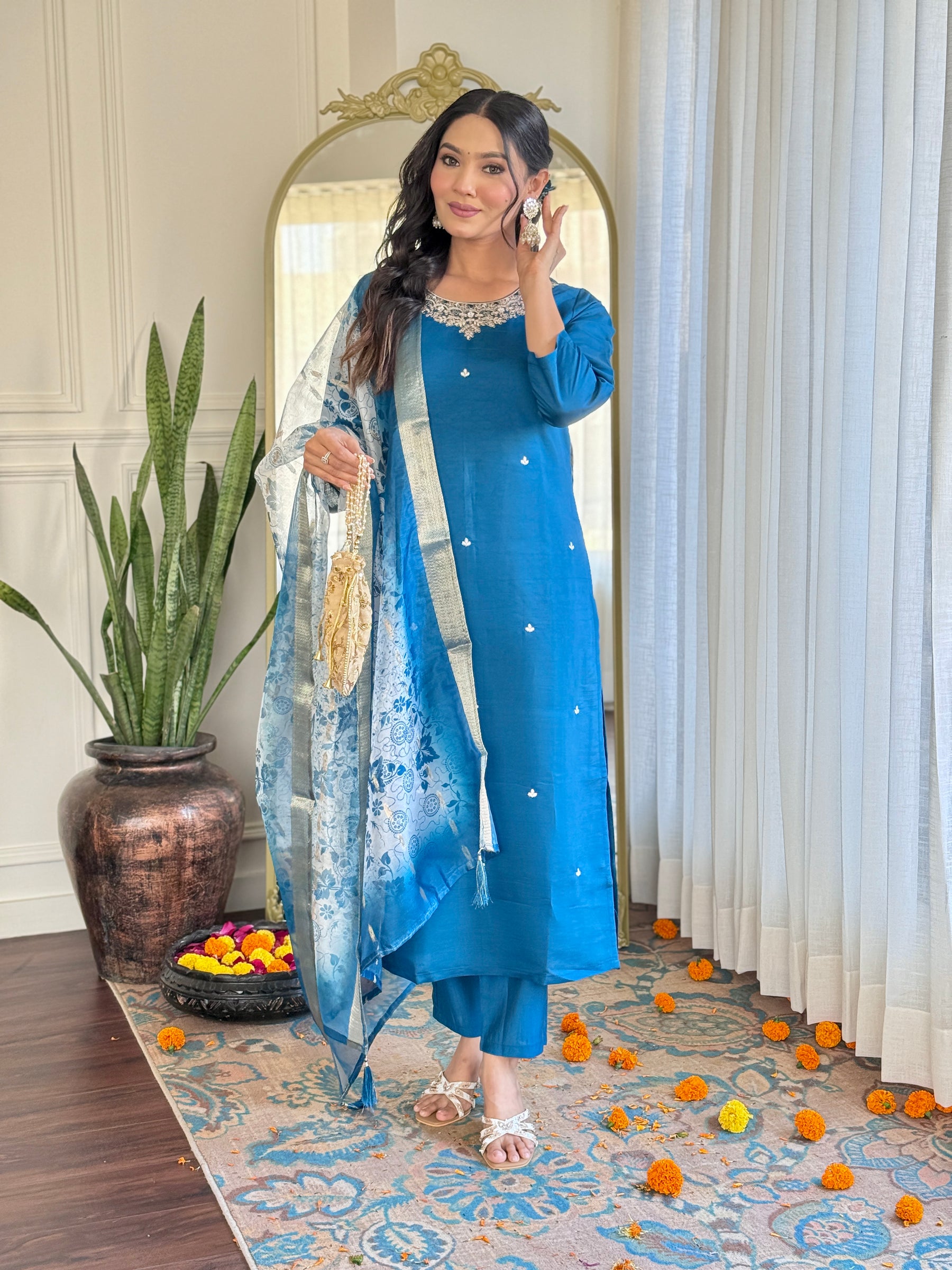 Royal Blue Silk Kurta Set with Organza Dupatta for Women
