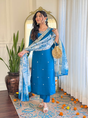 Royal Blue Silk Kurta Set with Organza Dupatta for Women
