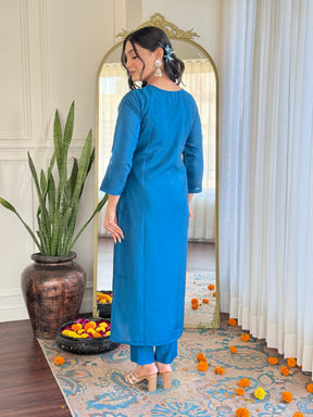 Royal Blue Silk Kurta Set with Organza Dupatta for Women
