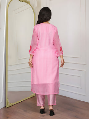 Blush Pink Floral Kurta Set with Organza Dupatta