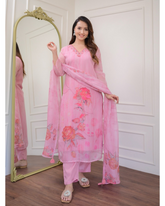 Blush Pink Floral Kurta Set with Organza Dupatta