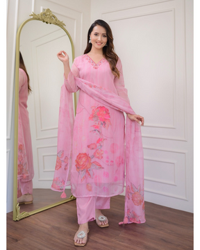Blush Pink Floral Kurta Set with Organza Dupatta