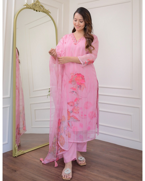 Blush Pink Floral Kurta Set with Organza Dupatta