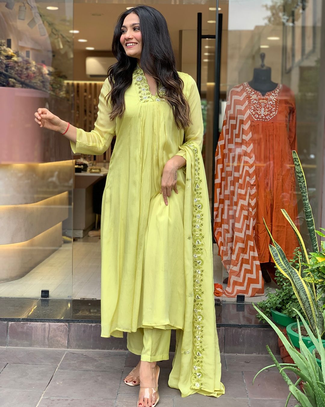 Lime Yellow Anarkali Kurta Set with Dupatta for Women