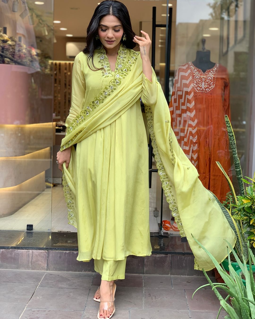 Lime Yellow Embroidered Anarkali Kurta Set