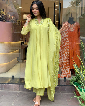 Lime Yellow Embroidered Anarkali Kurta Set