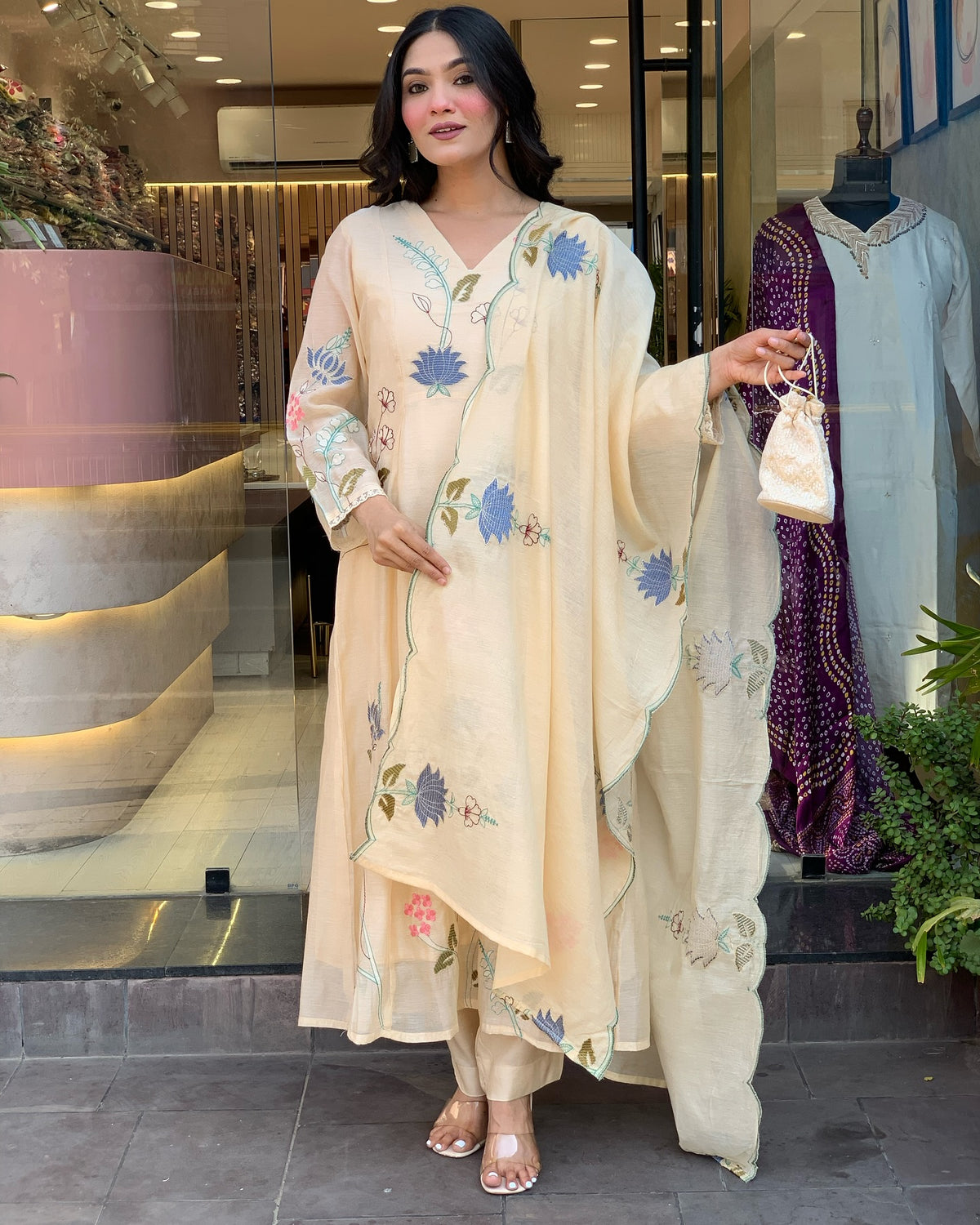 Cream Embroidered Anarkali Kurta Set with Dupatta