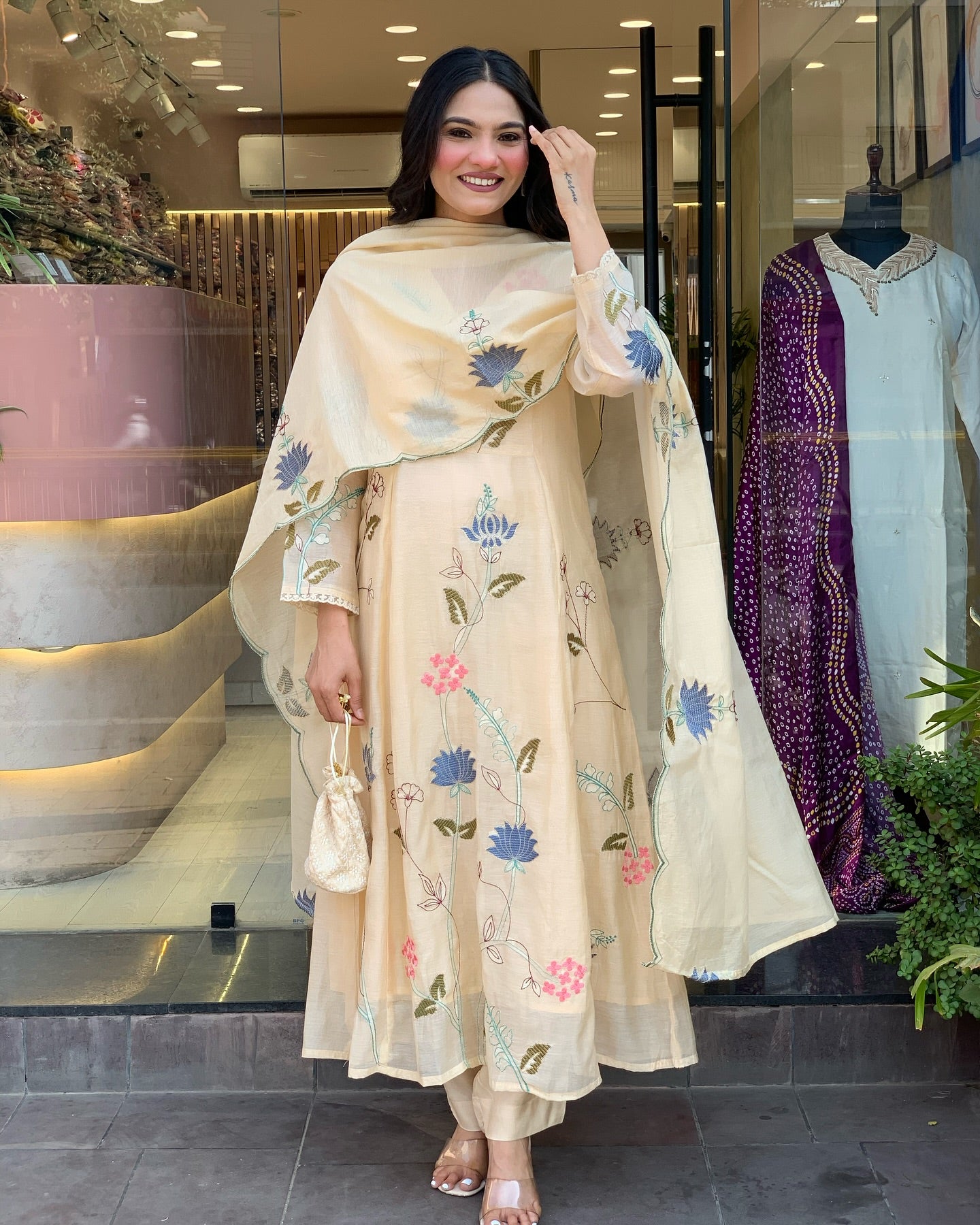 Cream Embroidered Anarkali Kurta Set with Dupatta