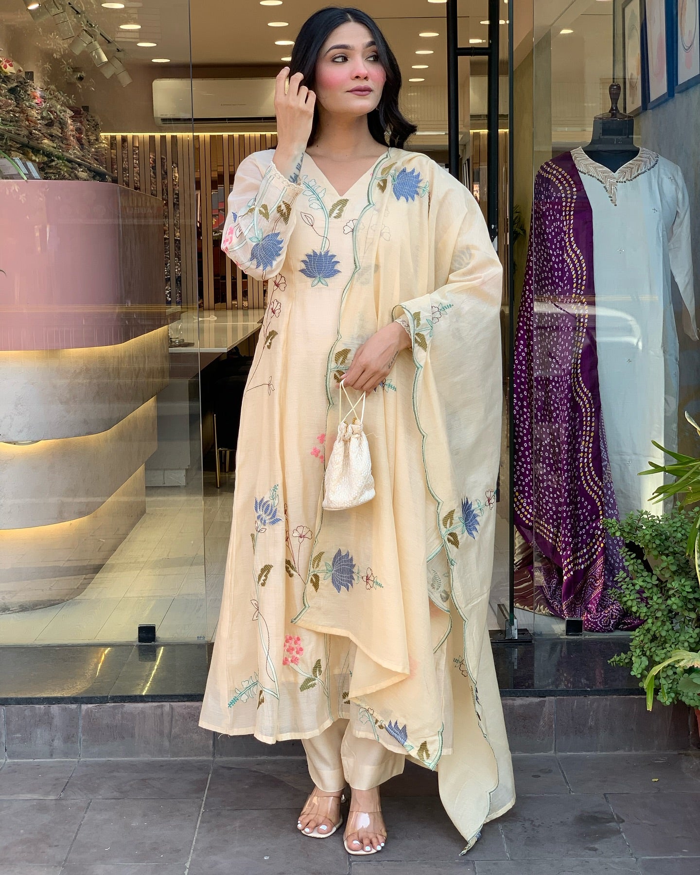 Cream Embroidered Anarkali Kurta Set with Dupatta