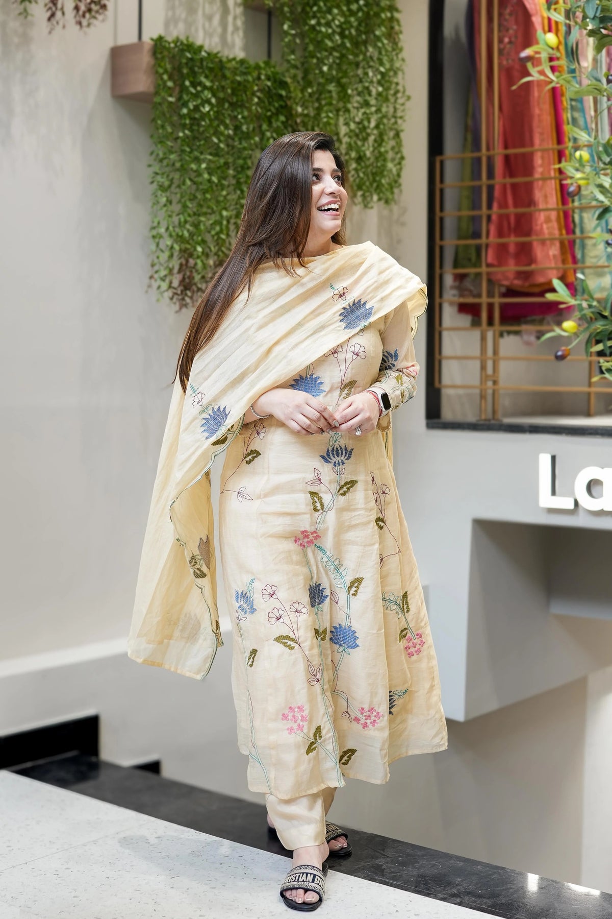 Cream Floral Embroidered Kurta Set with Dupatta