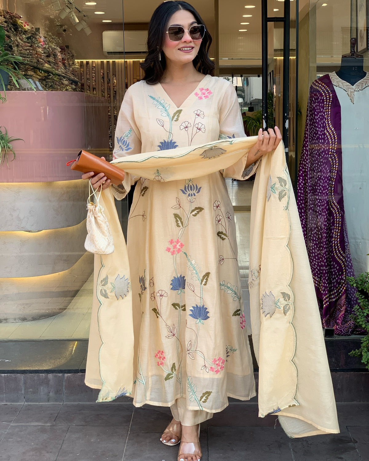 Cream Embroidered Anarkali Kurta Set with Dupatta