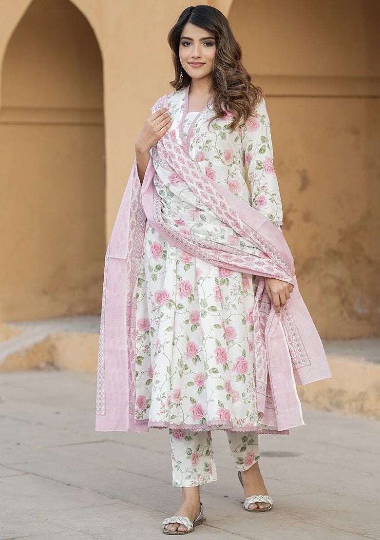 Pink Floral Anarkali Kurta Set with Dupatta for Women