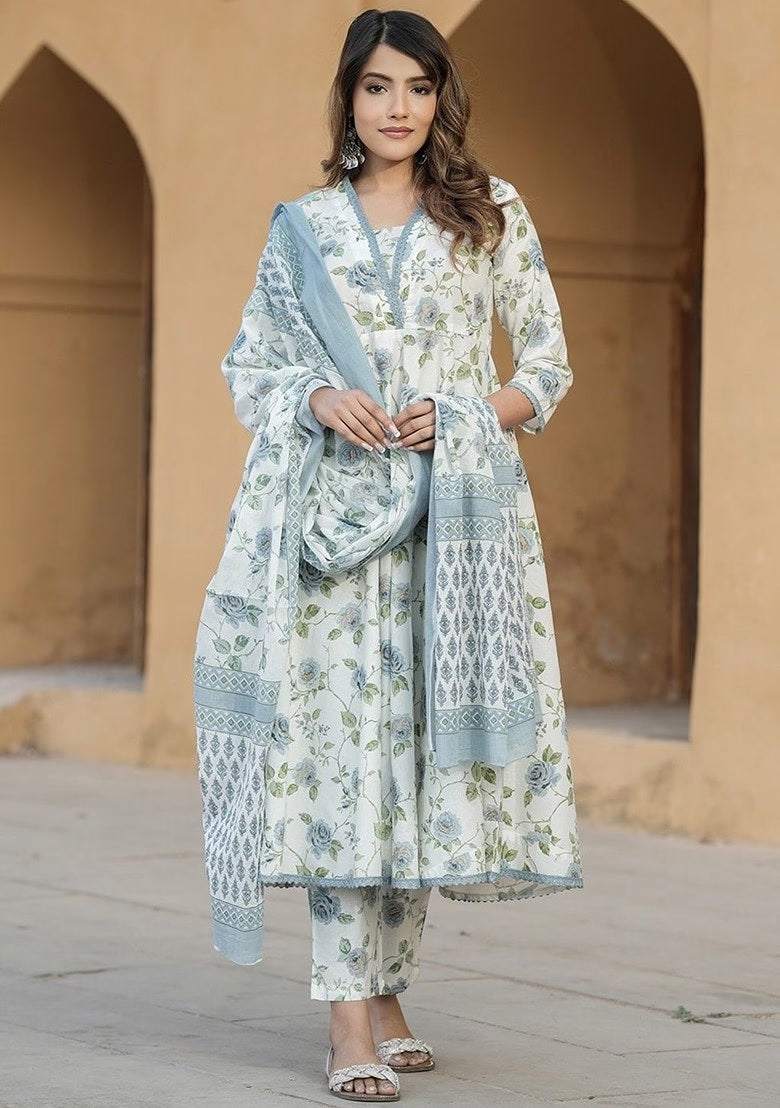 Rama Green Floral Anarkali Kurta Set with Dupatta