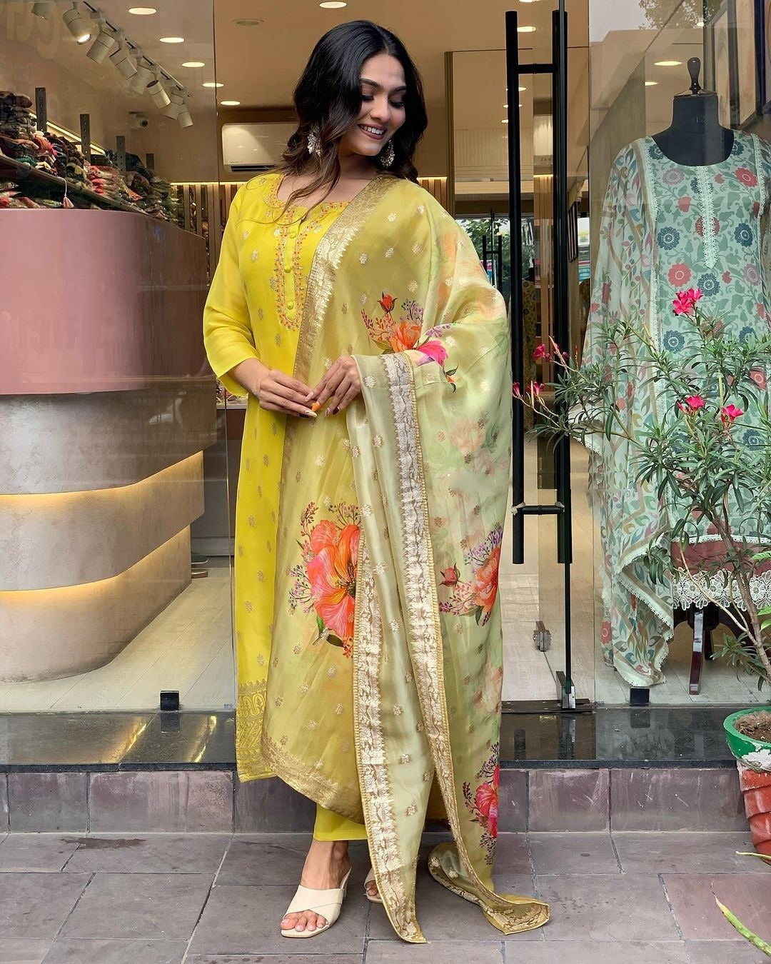 Mustard Yellow Kurta Set with Floral Organza Dupatta