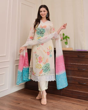 Off-White Floral Kurta Set with Dupatta