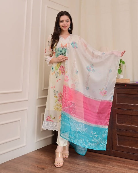 Off-White Floral Kurta Set with Dupatta