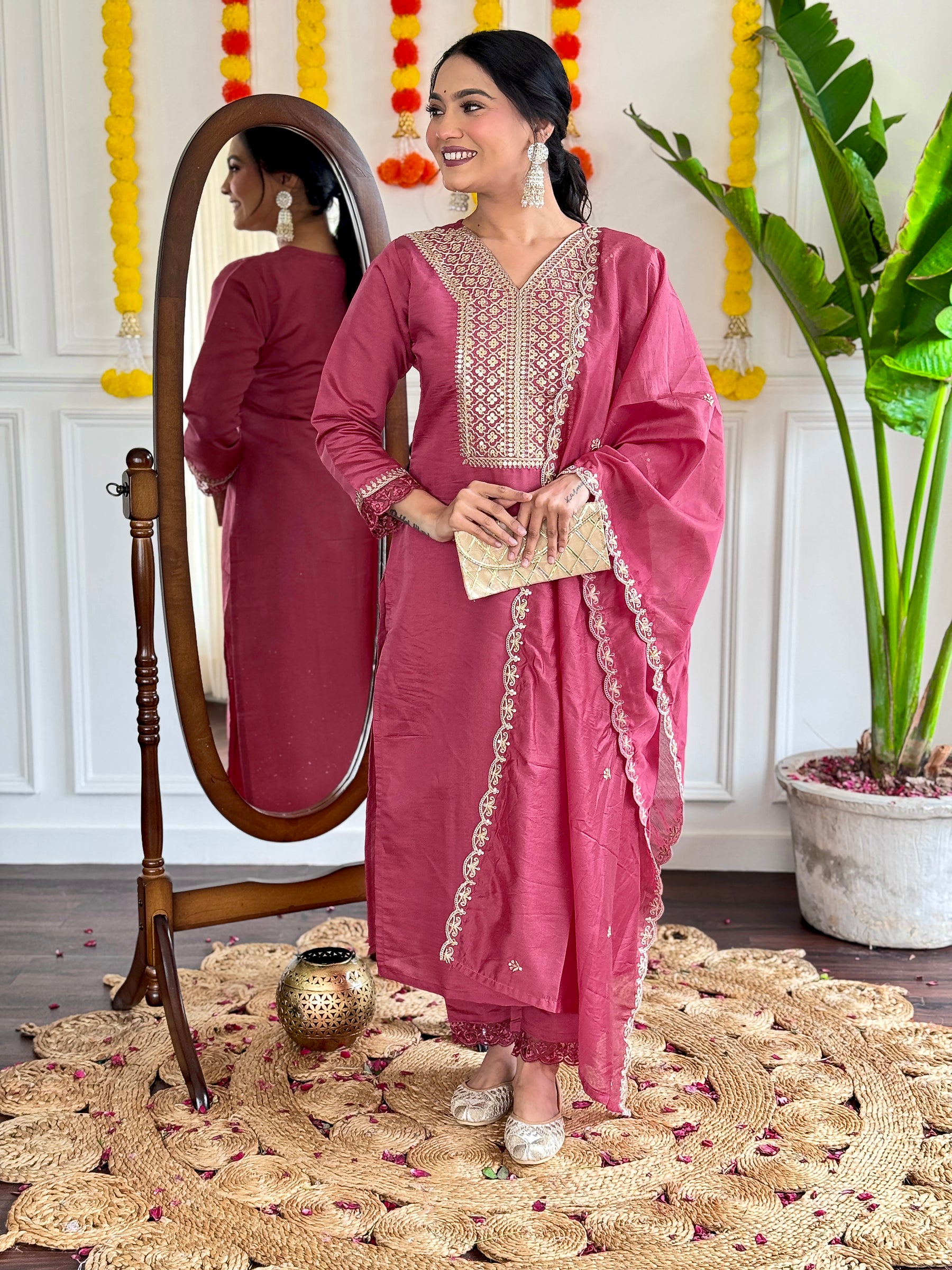 Madhvi Rose Pink Embroidered Kurta Set with Dupatta
