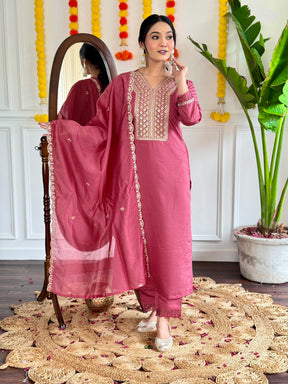 Madhvi Rose Pink Embroidered Kurta Set with Dupatta