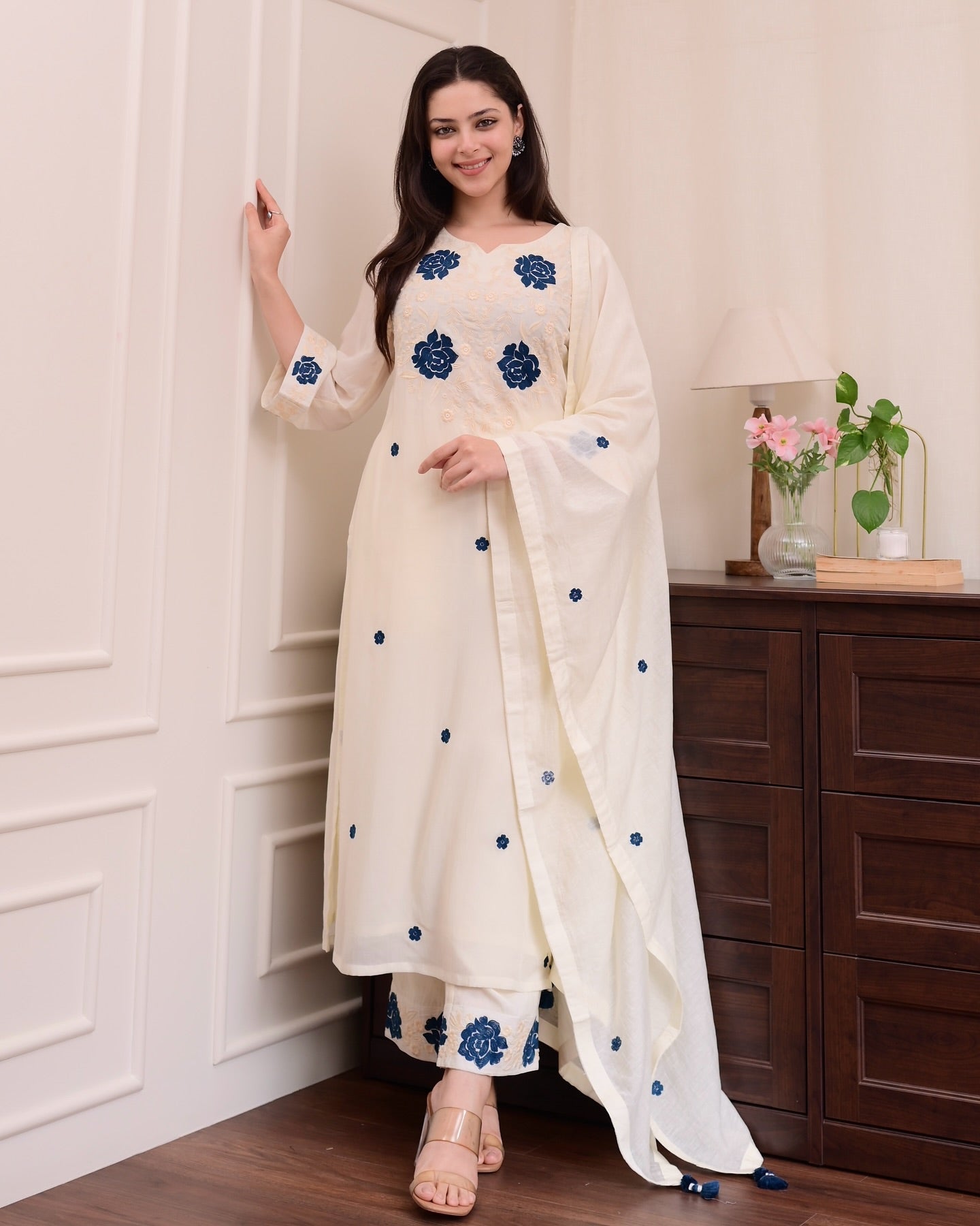 Maithili Off-White Navy Floral Kurta Set with Dupatt