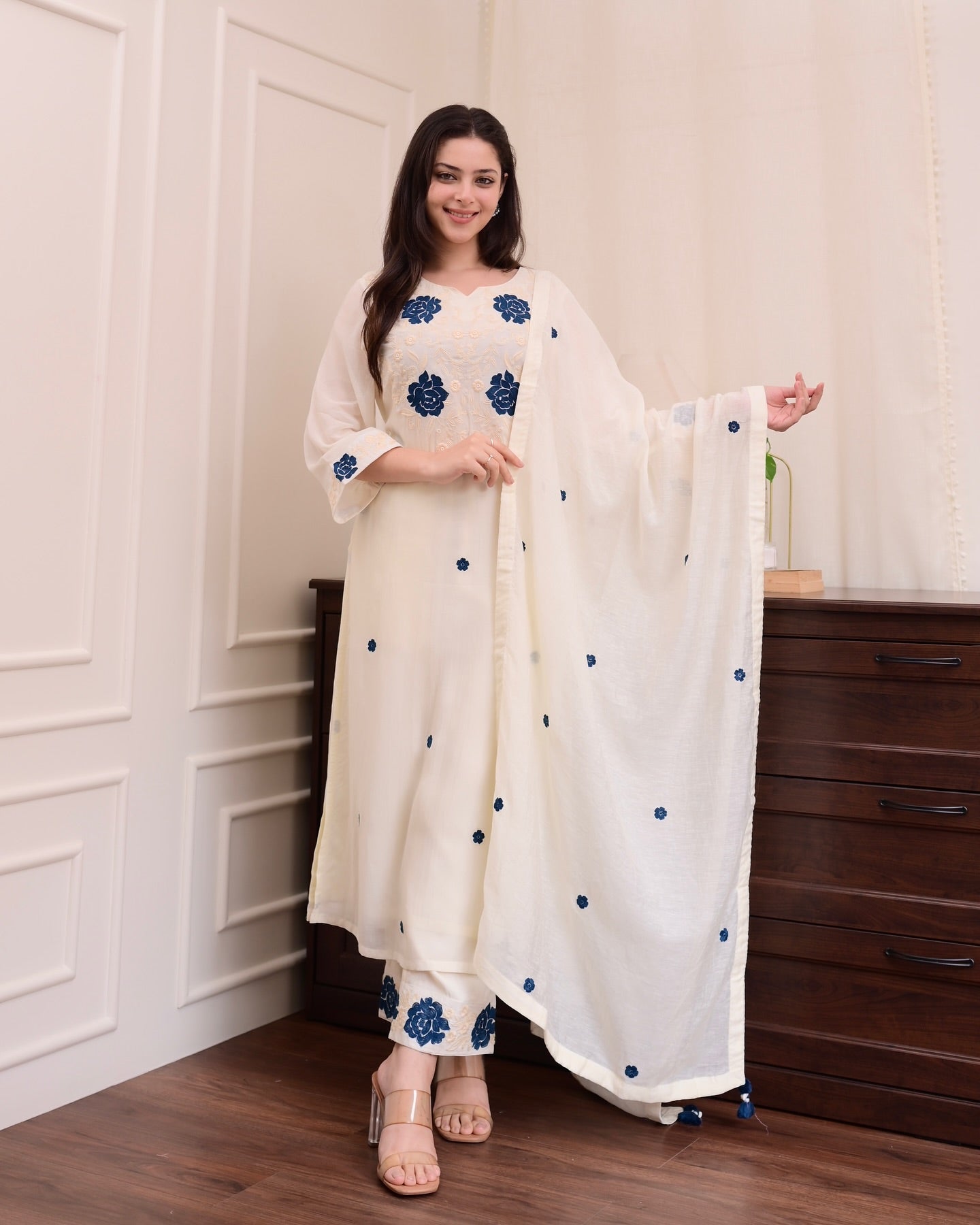 Maithili Off-White Navy Floral Kurta Set with Dupatt