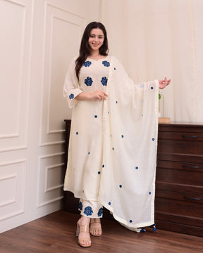 Maithili Off-White Navy Floral Kurta Set with Dupatt