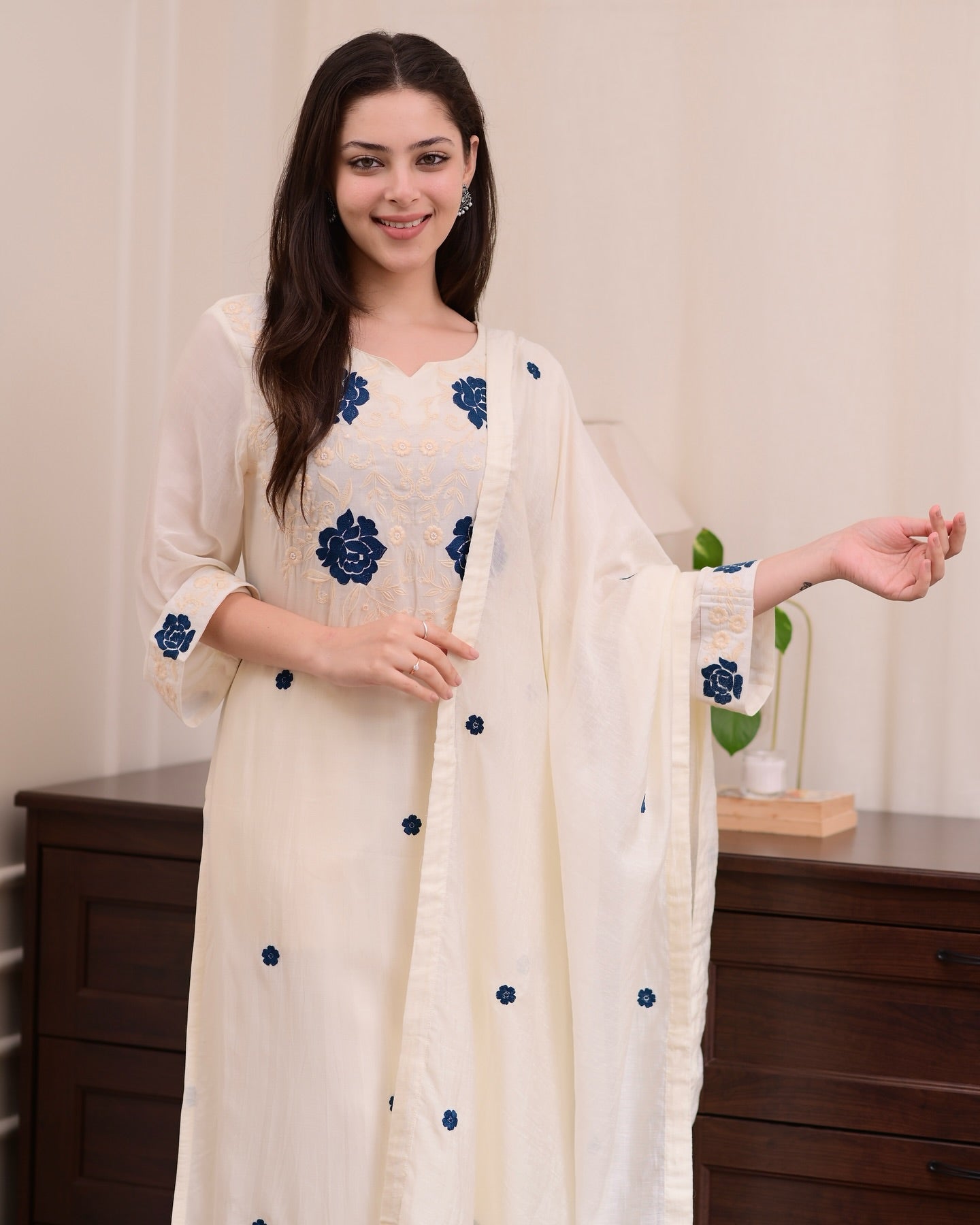 Maithili Off-White Navy Floral Kurta Set with Dupatt