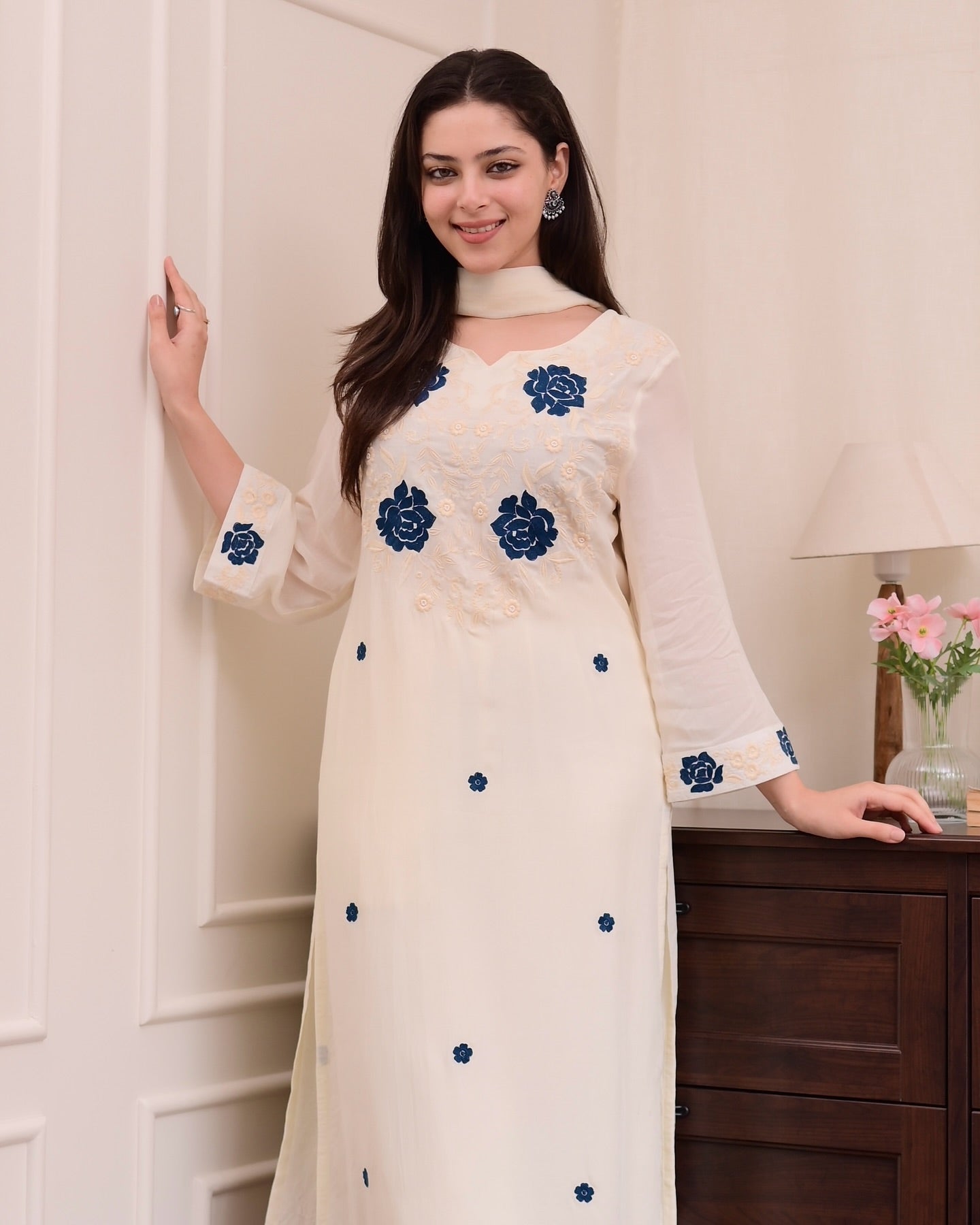Maithili Off-White Navy Floral Kurta Set with Dupatt