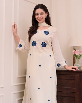 Maithili Off-White Navy Floral Kurta Set with Dupatt