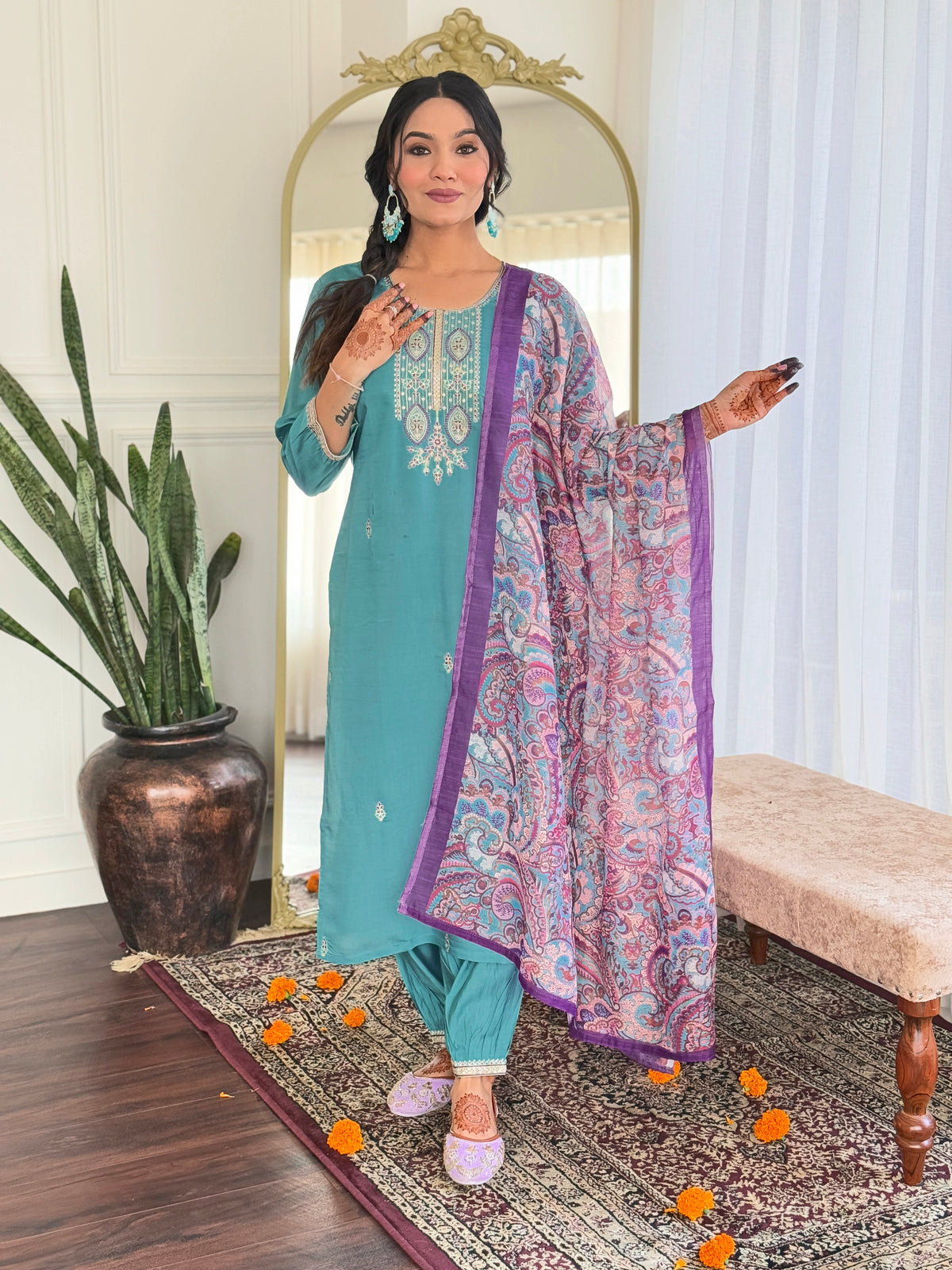 Teal Green Embroidered Kurta Set with Paisley Dupatta